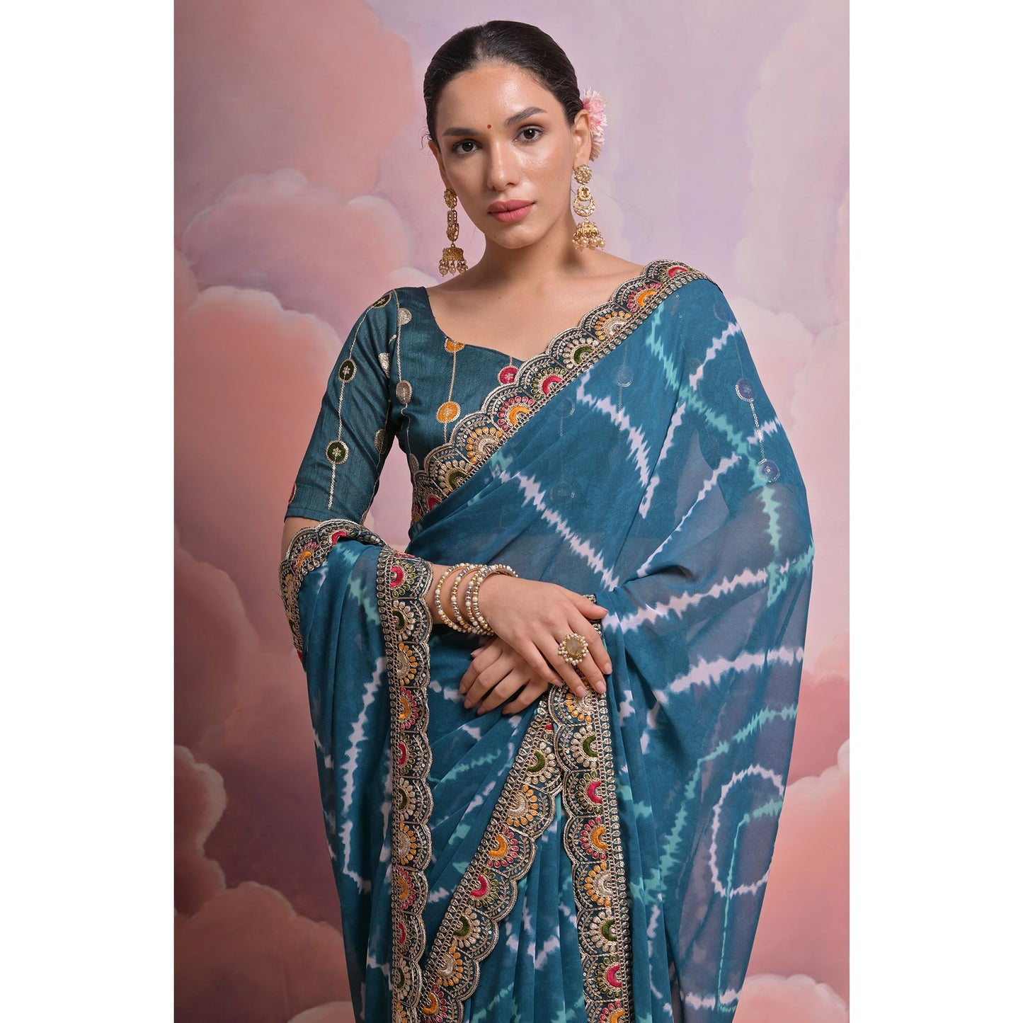 Teal  Printed With Embroidered Border Georgette Saree