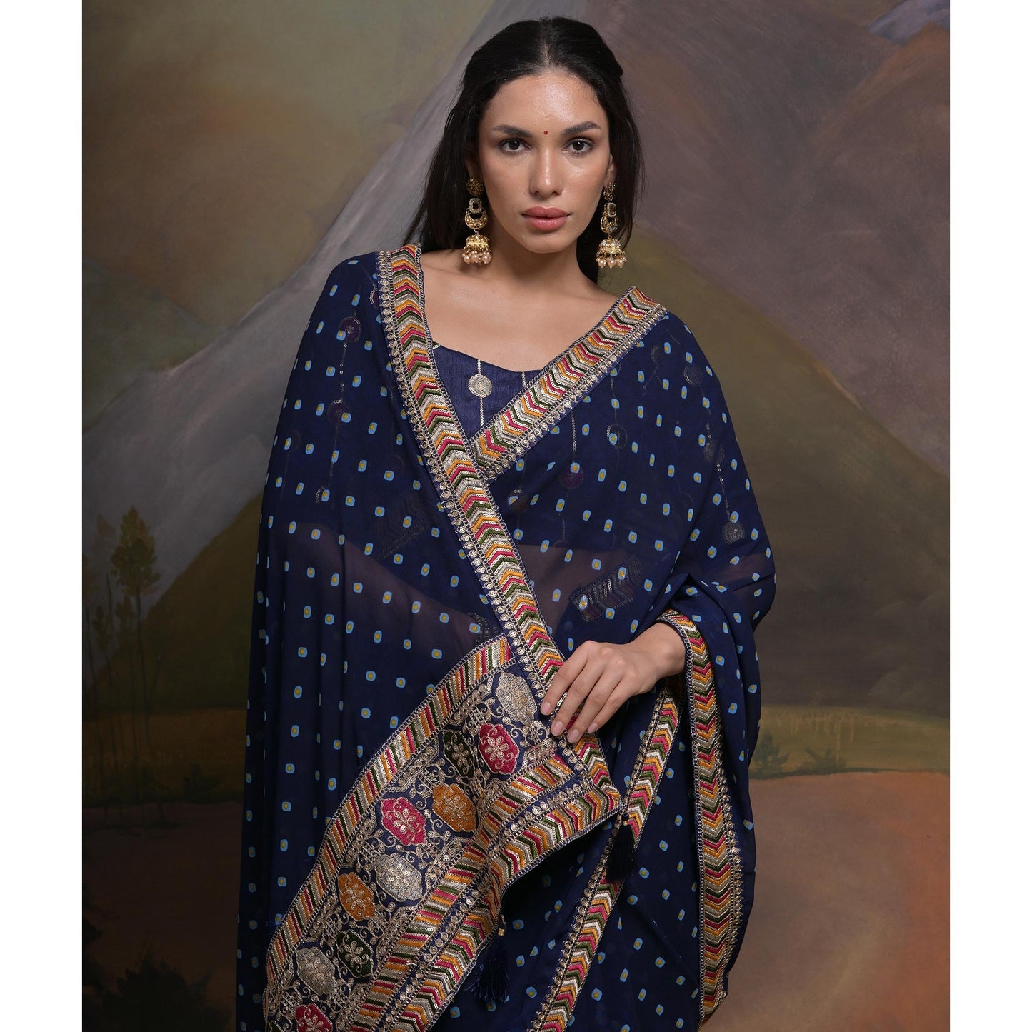 Blue Bandhej Printed Georgette Saree With Tassels