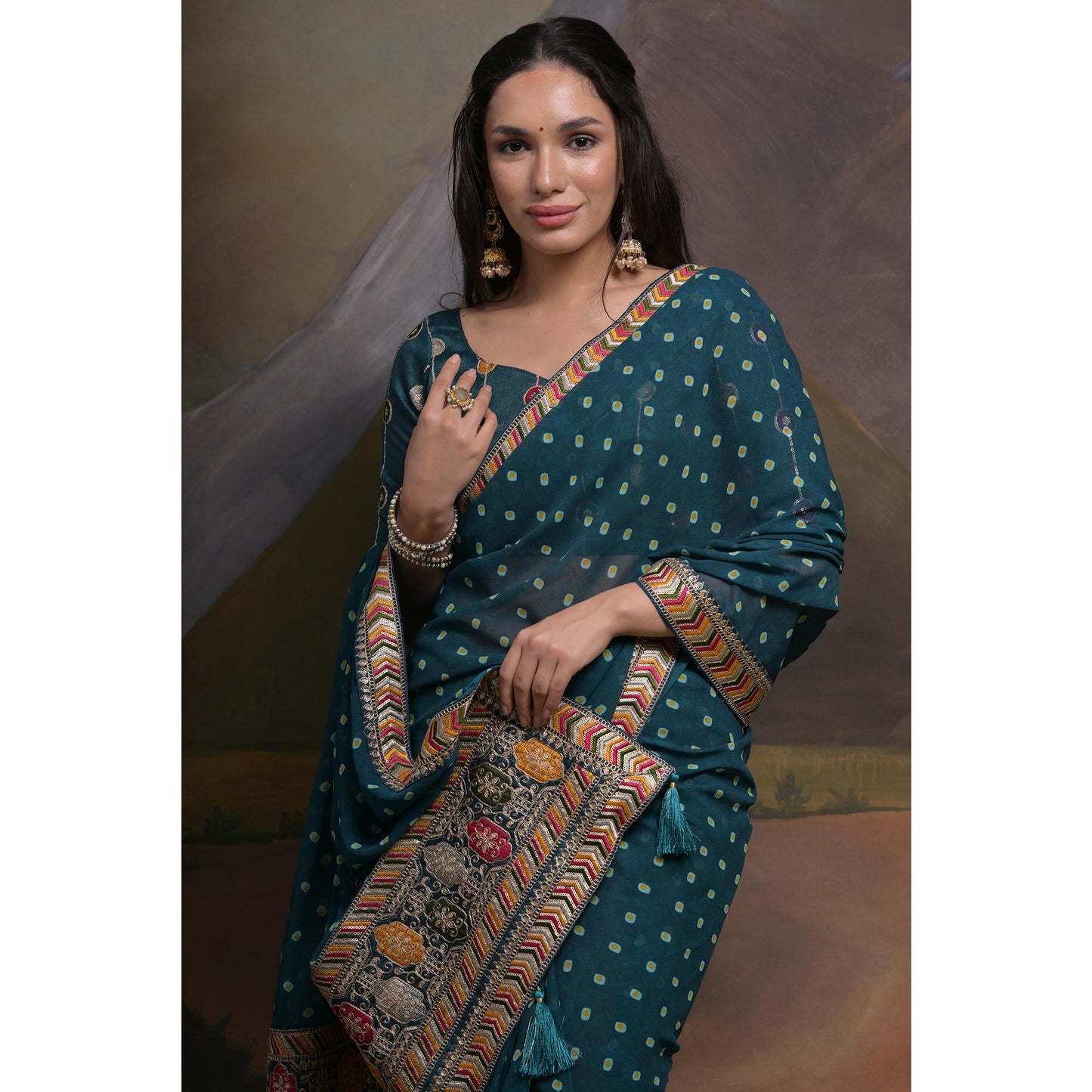 Teal Bandhej Printed Georgette Saree With Tassels