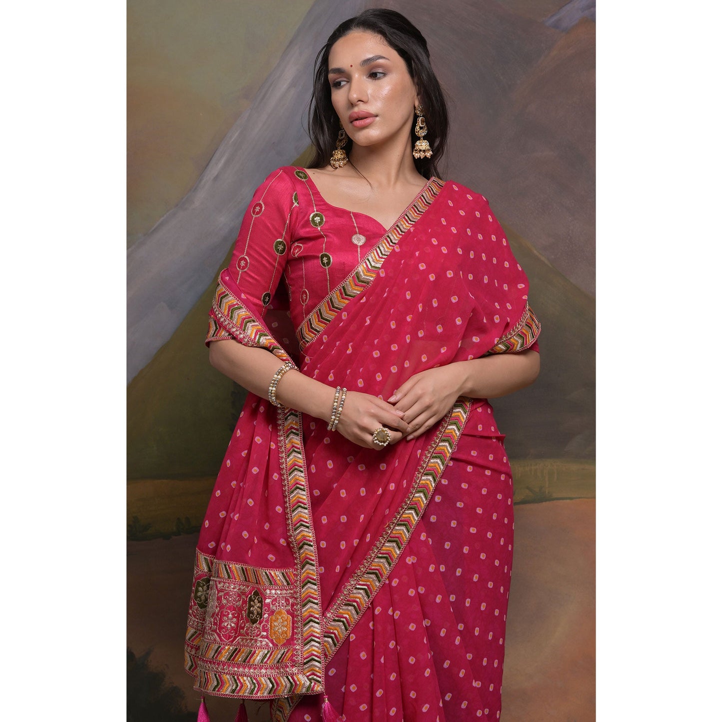 Pink Bandhej Printed Georgette Saree With Tassels