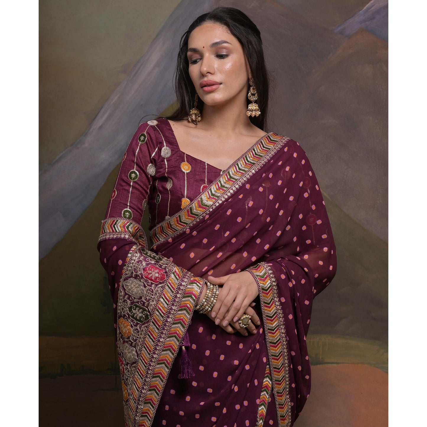 Wine Bandhej Printed Georgette Saree With Tassels