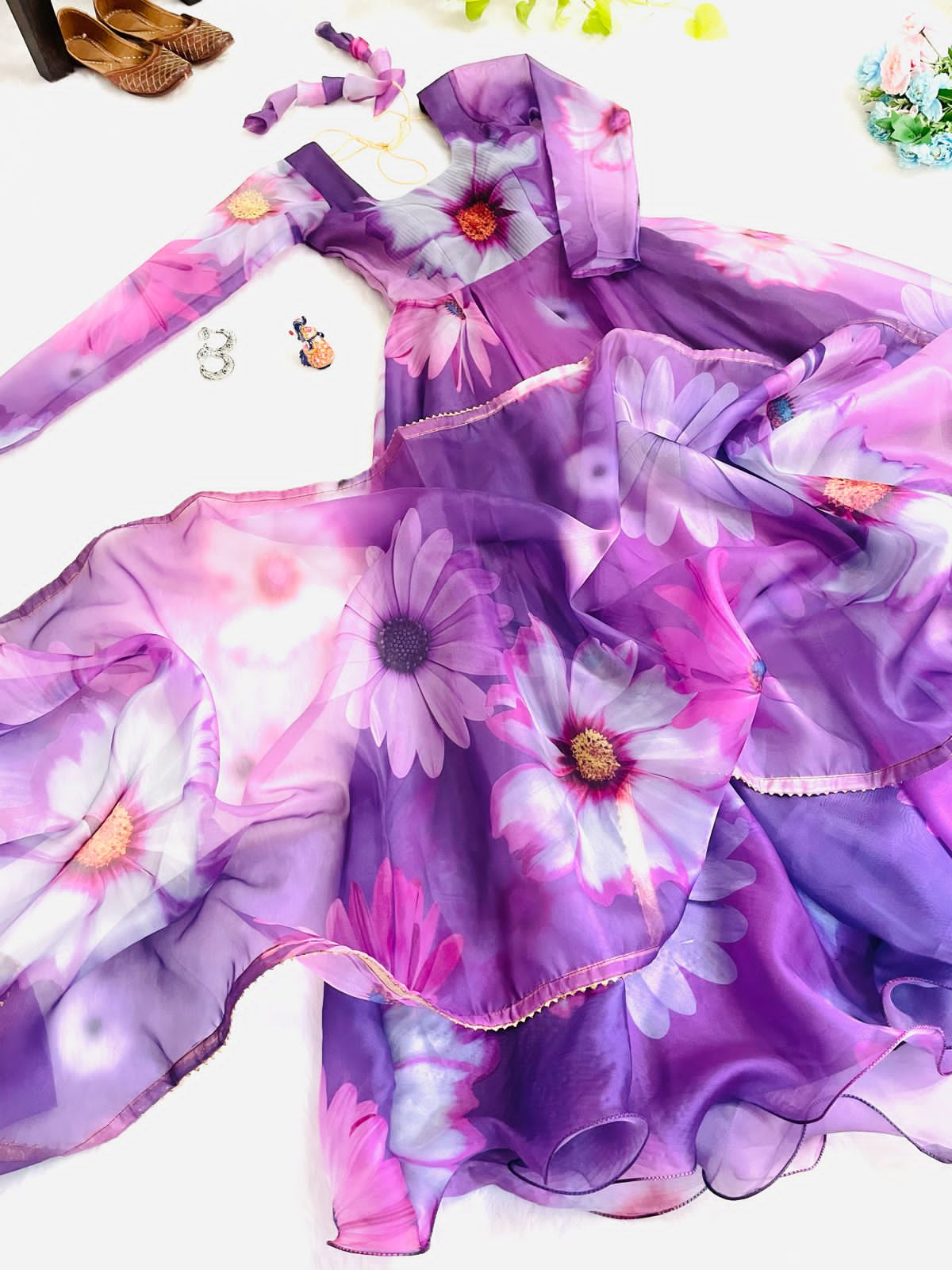 Purple 🌟 Opulent Organza Silk Gown with Digital Print and Handwork 🌟