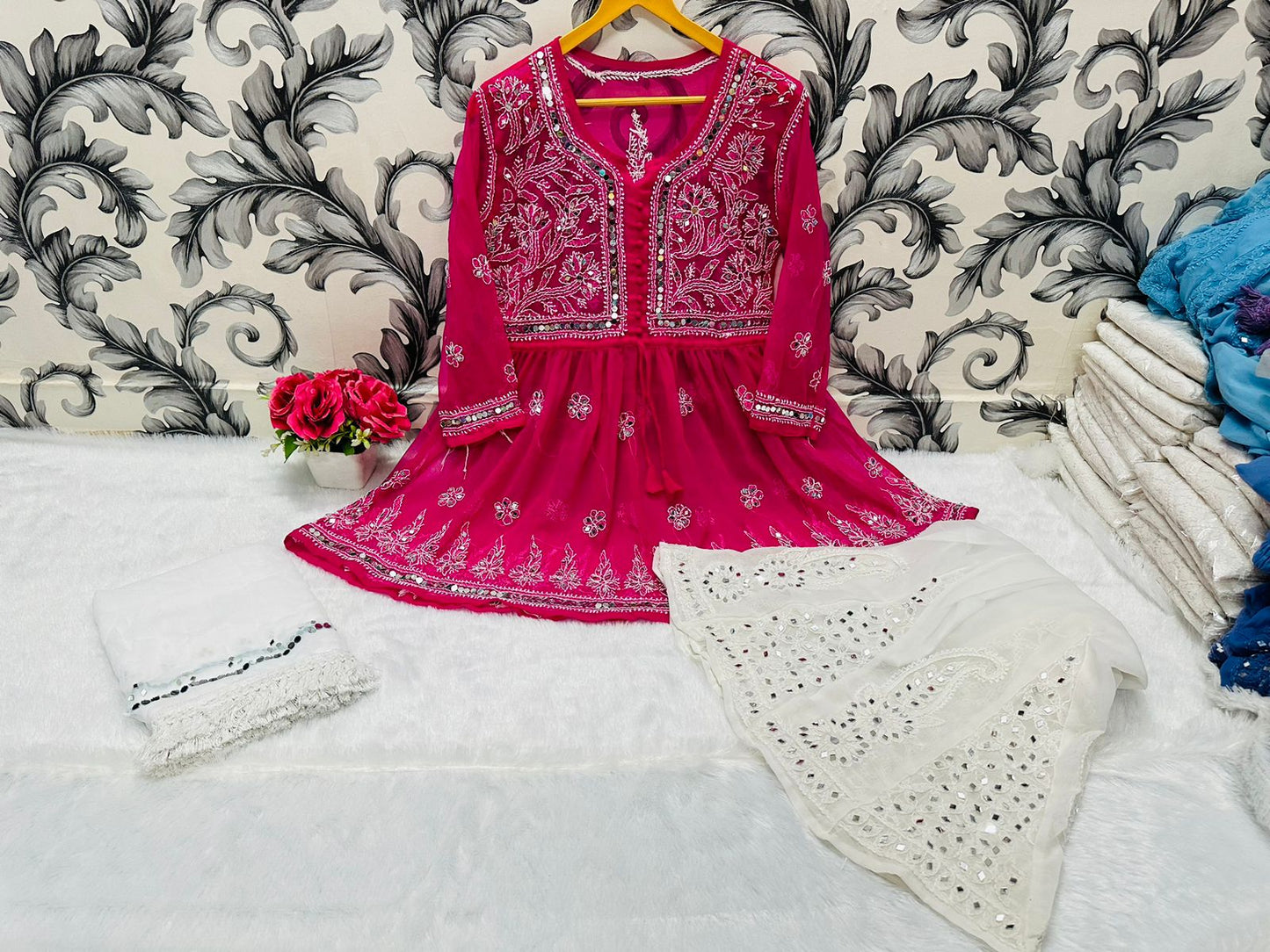 Bright Pink Glimmering Georgette Mirror Work Short Gown, Dupatta, and Sharara Full Combo Set (INNER INCLUDED)