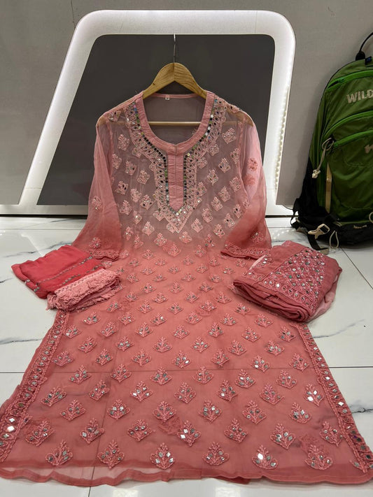 Dark Peach Chikankari Elegance Ombré Mirror Booti Jaal Set - Kurti, Sharara & Dupatta -(Inner Included)