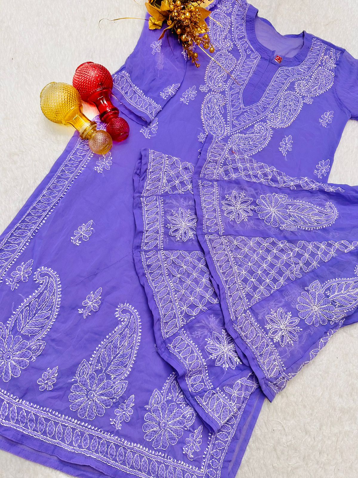 Purple Lucknawi Chikankari Georgette Kurti and Sharara Set , Dupatta and Inner Included