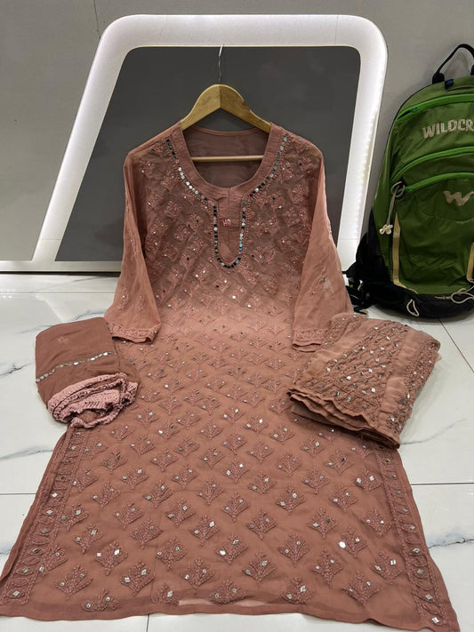 Brown Chikankari Elegance Ombré Mirror Booti Jaal Set - Kurti, Sharara & Dupatta -(Inner Included)