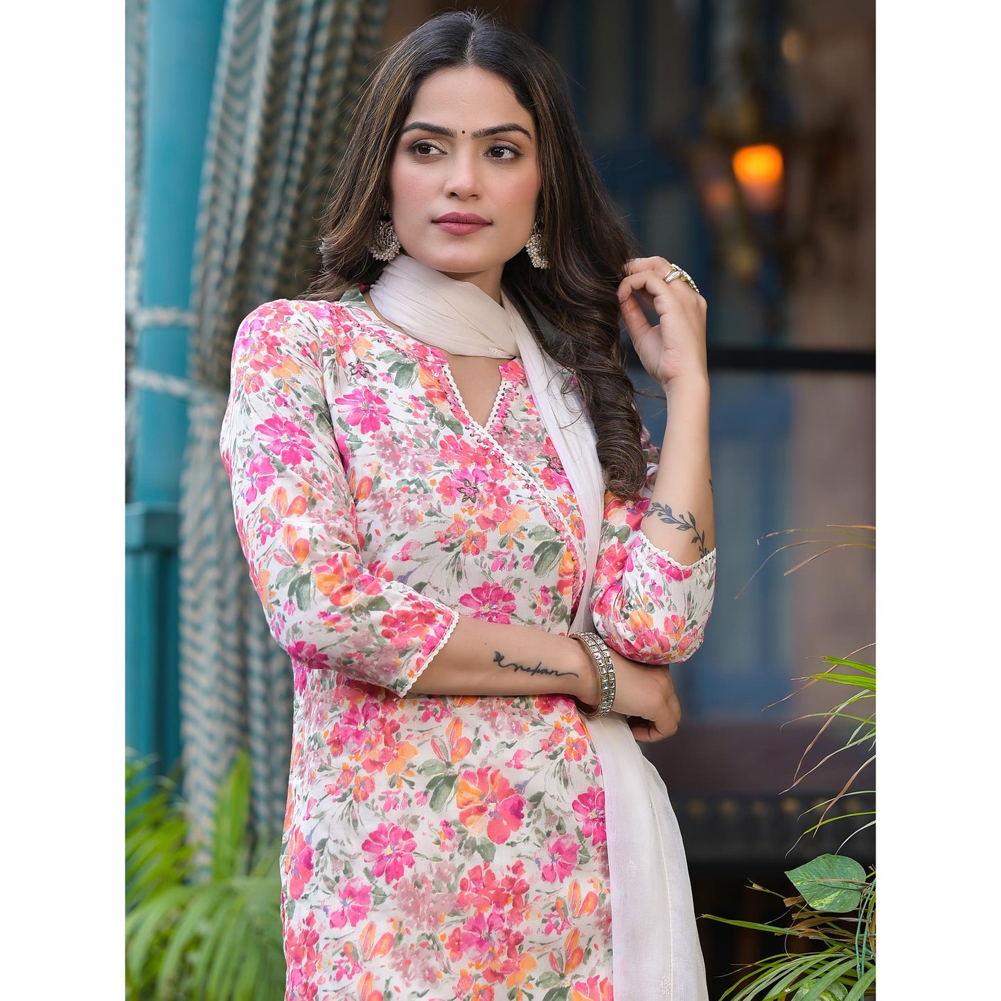 White & Pink Floral Angrakha Style Pure Cotton Suit With Foil Print