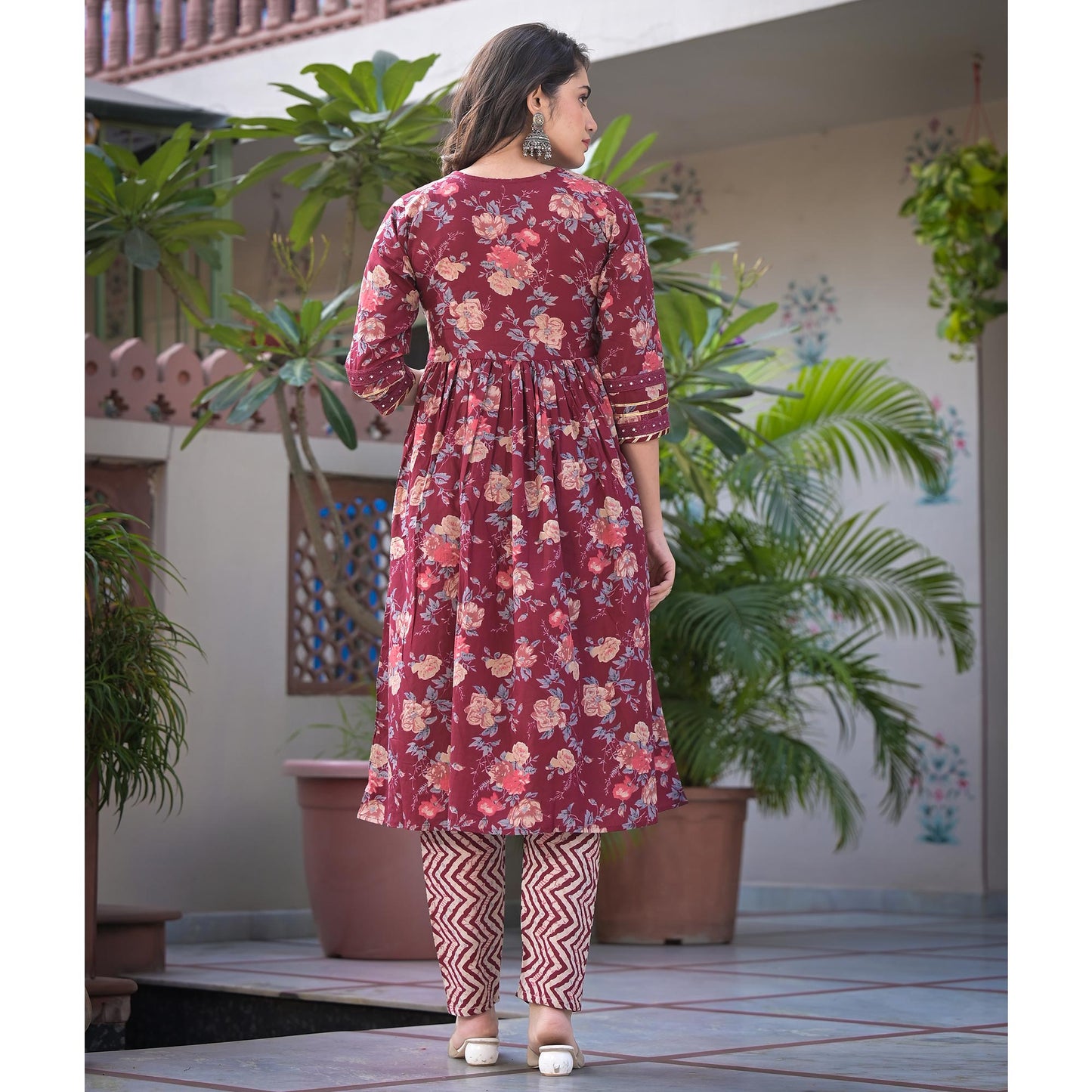 Maroon Floral Printed Pure Cotton Anarkali Salwar Suit