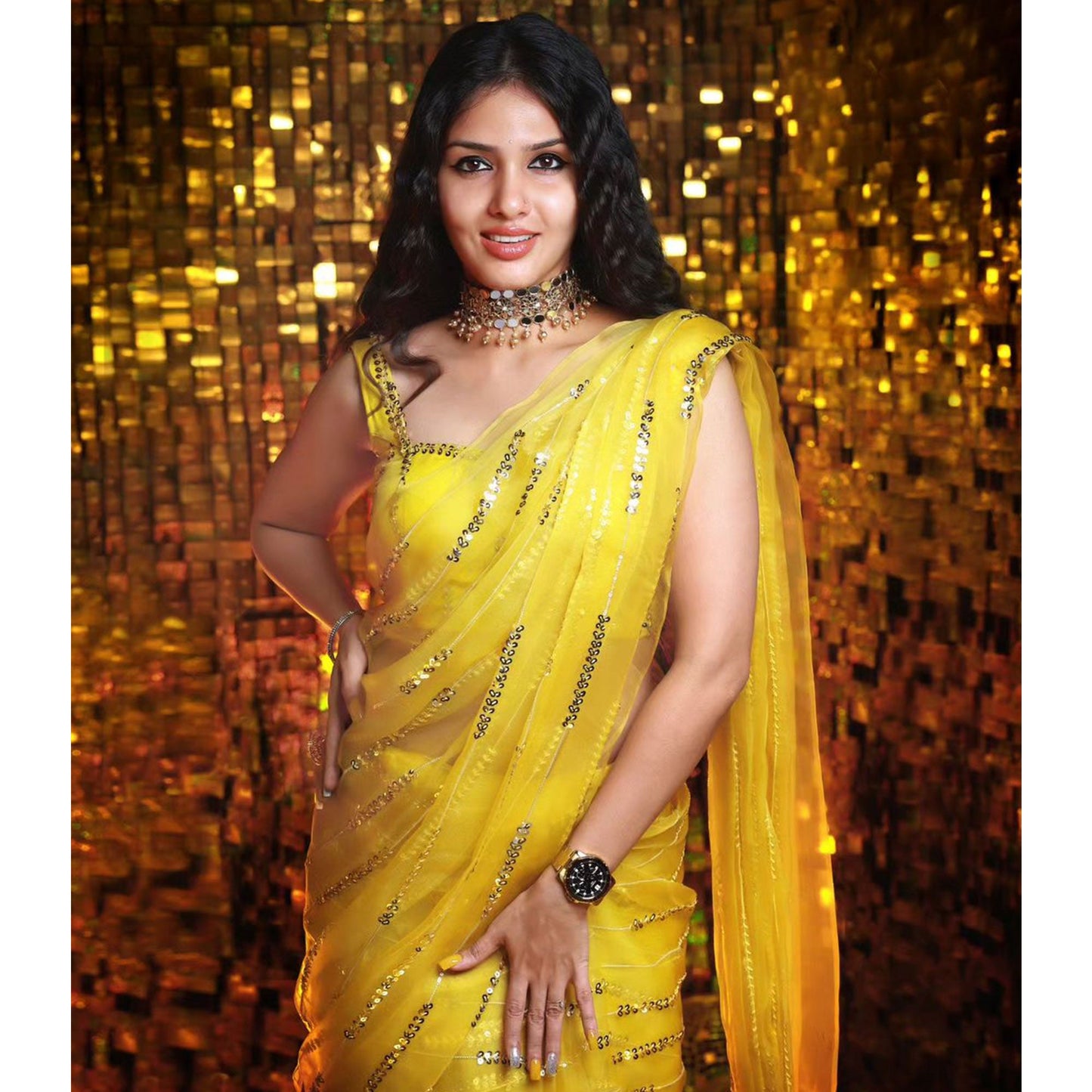 Yellow Sequins Embroidered Georgette Saree