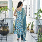 Blue Printed Anarkali Style Chanderi Suit