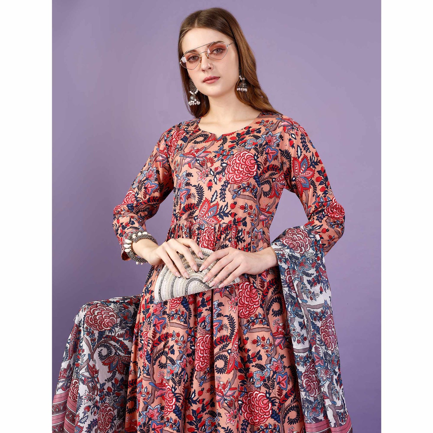 Peach Floral Printed Viscose Anarkali Salwar Suit