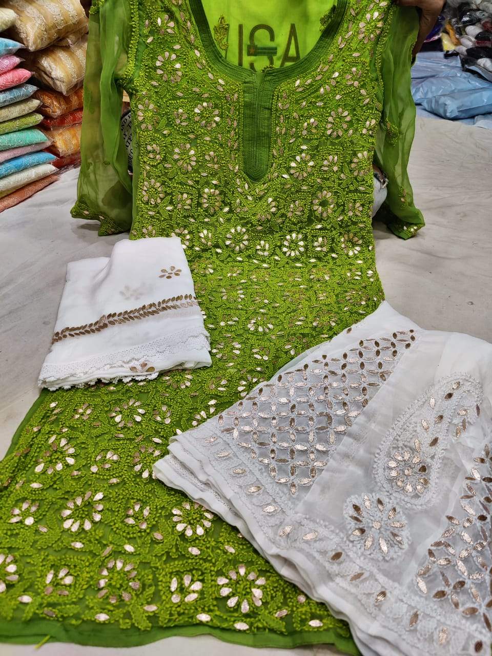 Mehendi Green Georgette Gotta Patti Kurti Sharara Salwar Suits With Price