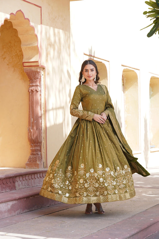 Mehendi Green Celestial Cosmos Embroidered Viscose Ensemble