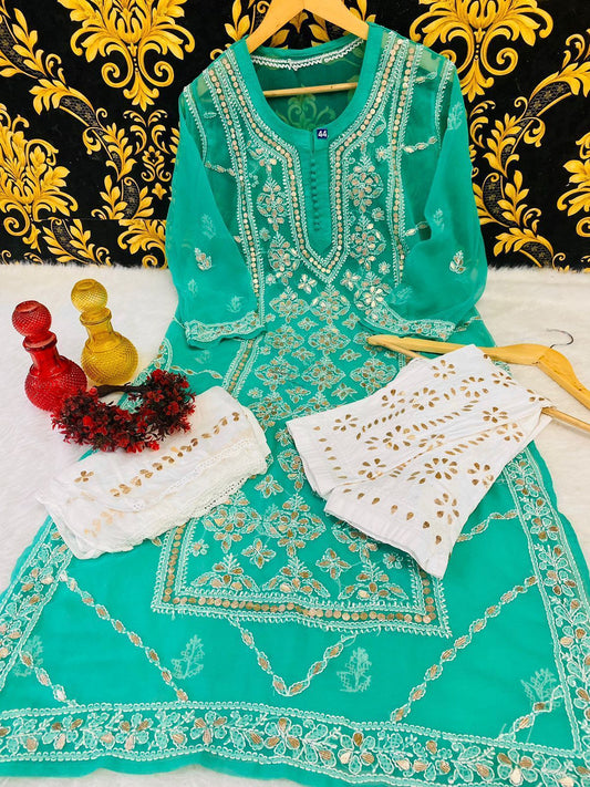 Teal Green Graceful Lucknawi Georgette Chikankari GotaPatti Ensemble (Inner Included)