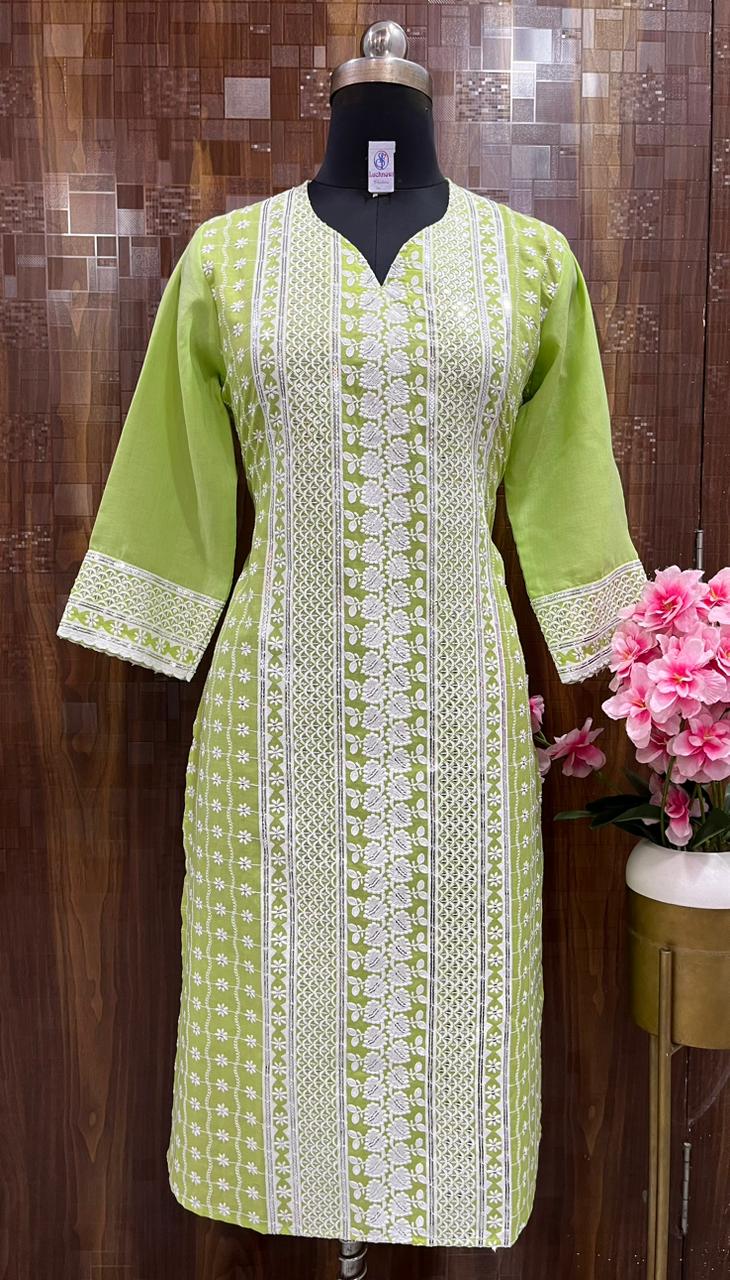 Green Sparkling Sequins Cotton Hakoba Kurti Set