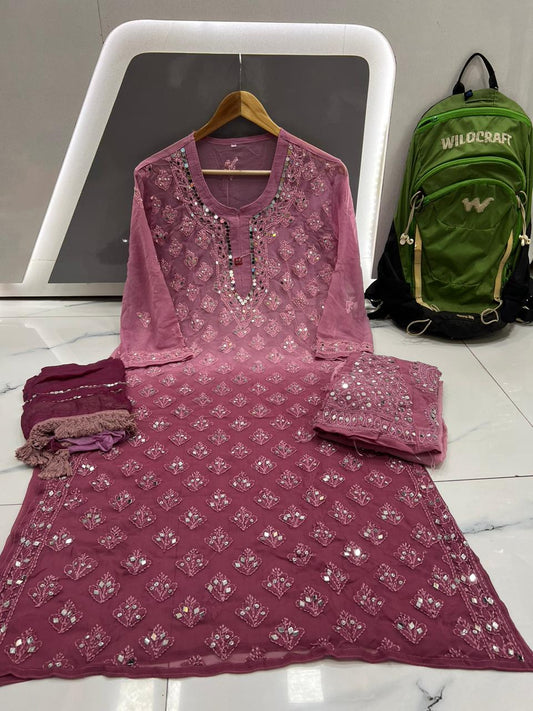 Wine Chikankari Elegance Ombré Mirror Booti Jaal Set - Kurti, Sharara & Dupatta -(Inner Included)