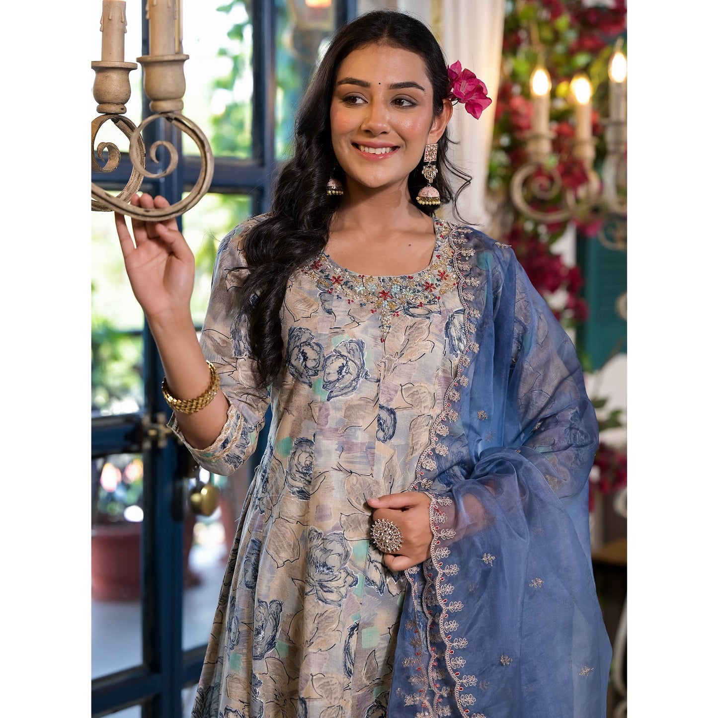 Chikoo & Blue Floral Foil Printed Mulmul Cotton Anarkali Salwar Suit