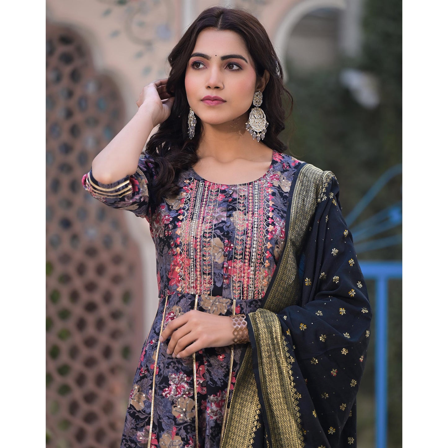 Black Floral Foil Printed Chanderi Silk Anarkali Salwar Suit