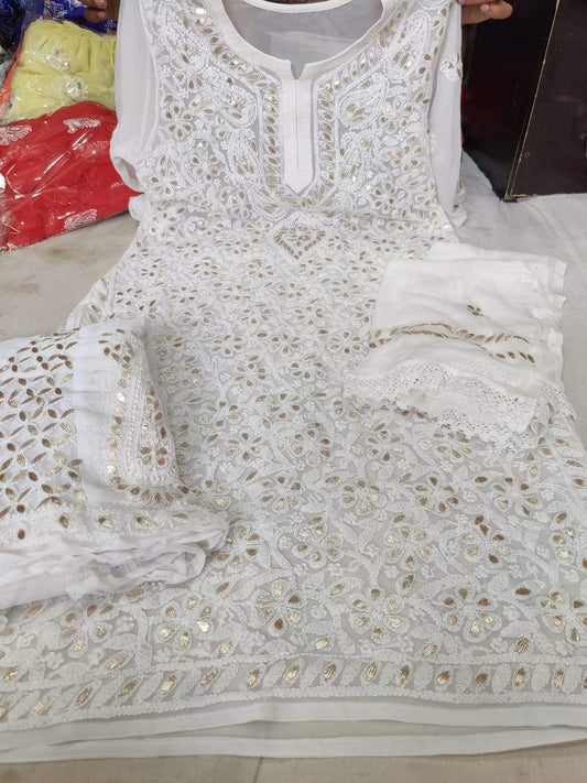 White Georgette Gotta Patti Kurti Sharara Salwar Suit