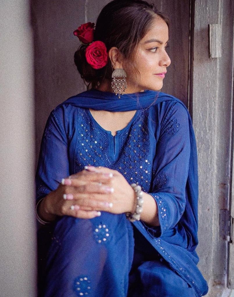 Blue Mukesh Work Viscose Chikankari Georgette Flair Top and Pallazo