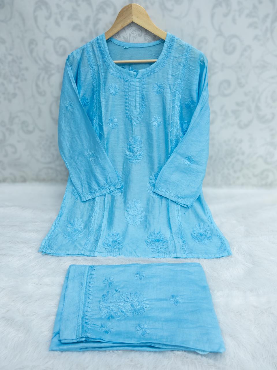 Aqua Blue Chanderi Charm: Chikankari Chanderi Set