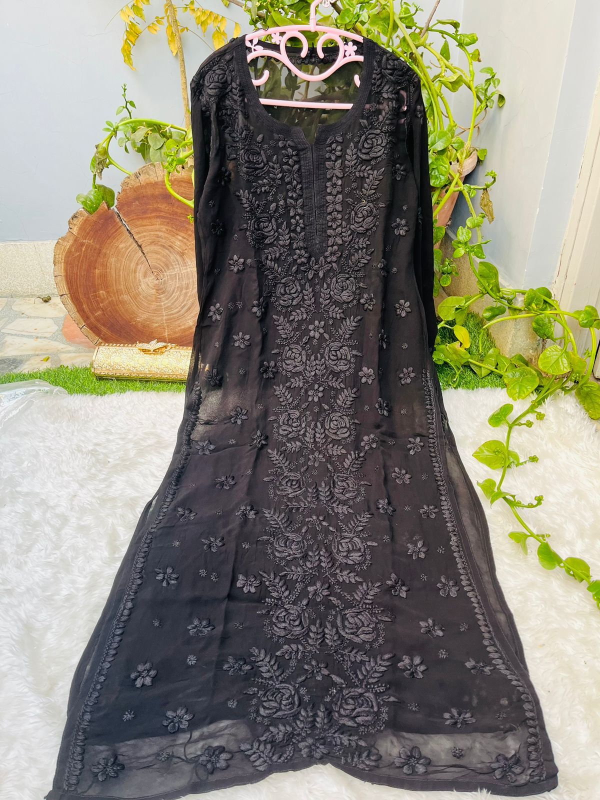 Black Rose Garden: 3D Viscose Embroidered Kurti