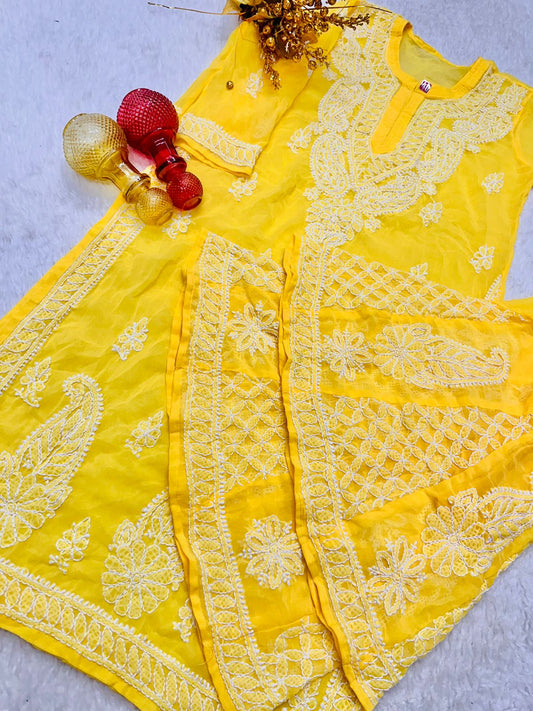 Bright Yellow Lucknawi Chikankari Georgette Kurti and Sharara Set , Dupatta and Inner Included