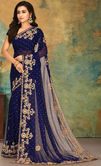 Georgette Traditional Saree in Blue with Stone Work-1753044