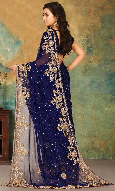 Georgette Traditional Saree in Blue with Stone Work-1753044