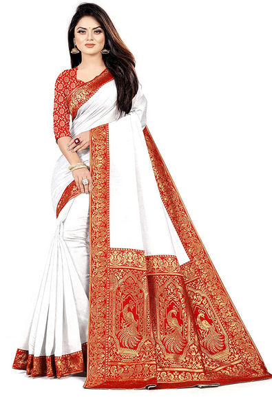 Cotton Traditional Saree in White and Off White with Weaving Work-1784591