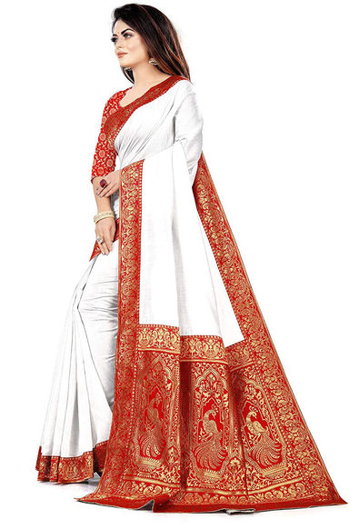 Cotton Traditional Saree in White and Off White with Weaving Work-1784591