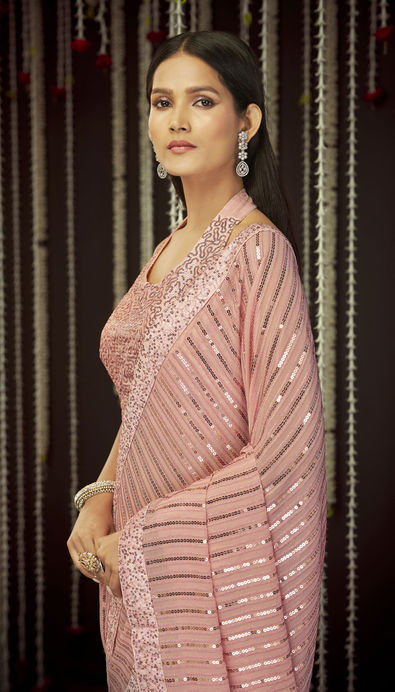 Georgette Reception Saree in Pink and Majenta with Thread Work-1801658