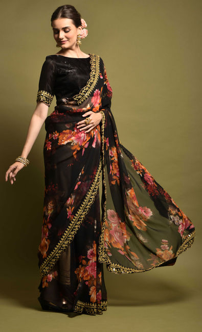 Georgette Party Wear Saree in Black and Grey with Sequence Work-1811510