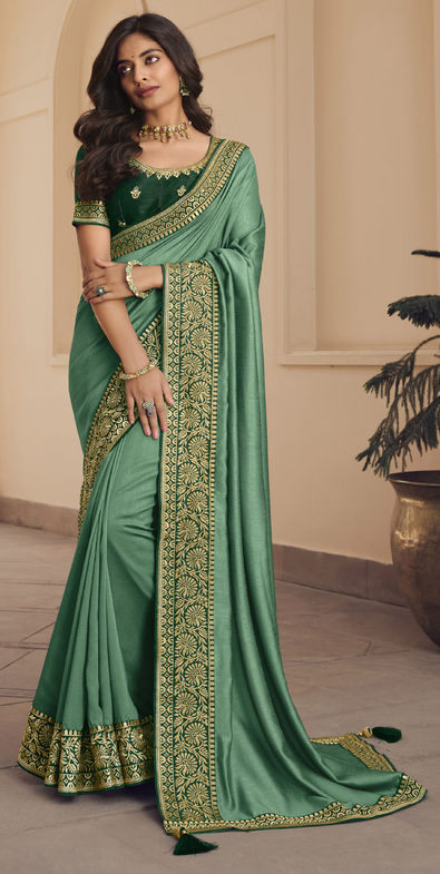 Art Silk Traditional Saree in Green with Embroidered Work-1812389