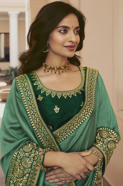 Art Silk Traditional Saree in Green with Embroidered Work-1812389