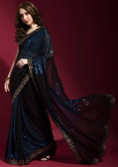 Georgette Festive Saree in Black and Grey with Sequence Work-1816821