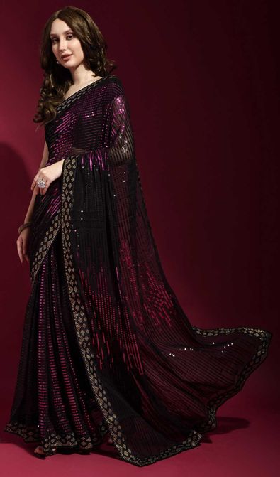 Georgette Festive Saree in Black and Grey with Sequence Work-1816823