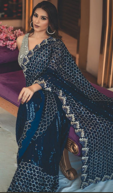 Georgette Reception Saree in Blue with Thread Work-1837906