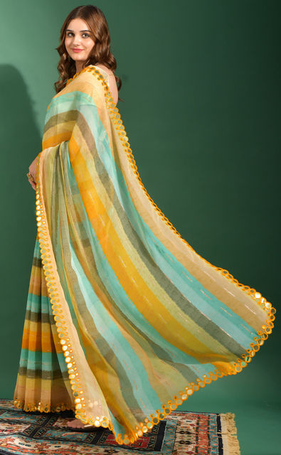 Chiffon Festive Saree in Yellow with Lehariya Work-1838598