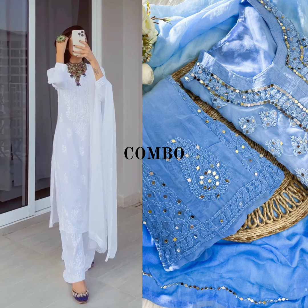 Blue Chikankari Elegance Ombré Mirror Booti Jaal Set + elegant 3 pc White Dyeble Modal Chikankari Kurta Set