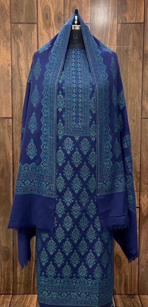 Navy Blue Pashmina Kani Zari Suit with Heavy Zari Kani Cutting Stole - New Arrivals 2023