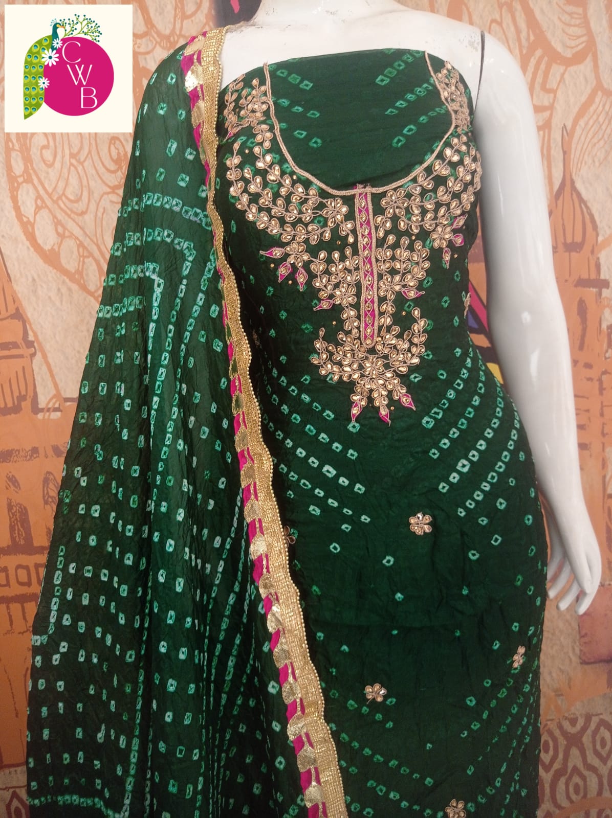 Dark Green Jaipuri Silk Bandhej Ensemble with Gotta Work-3pcs Suit