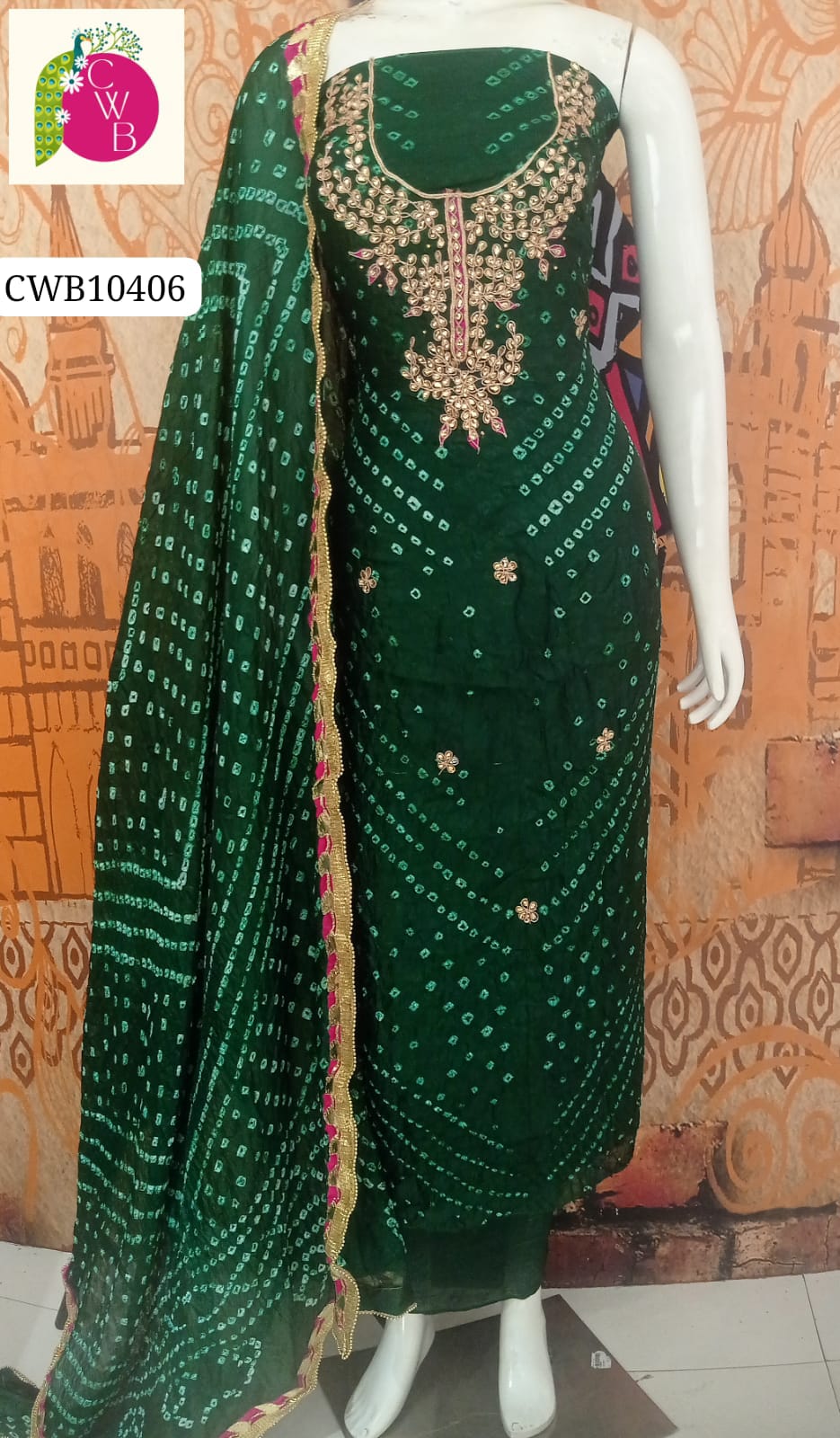 Dark Green Jaipuri Silk Bandhej Ensemble with Gotta Work-3pcs Suit