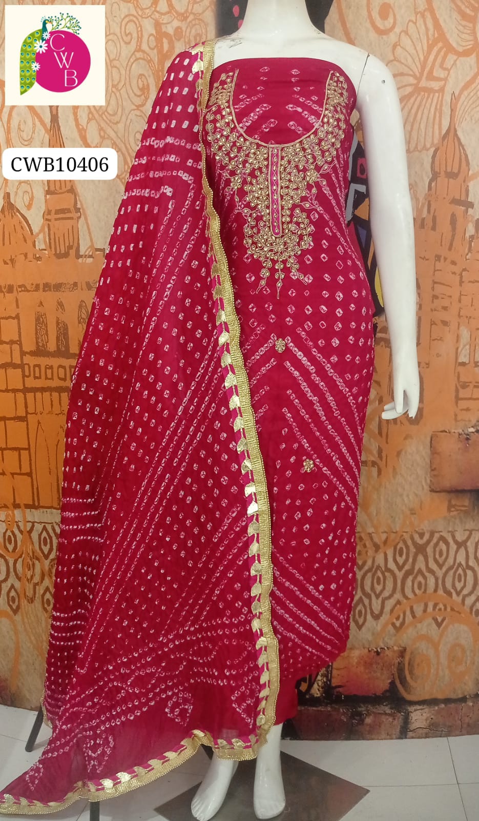 Red Jaipuri Silk Bandhej Ensemble with Gotta Work-3pcs Suit