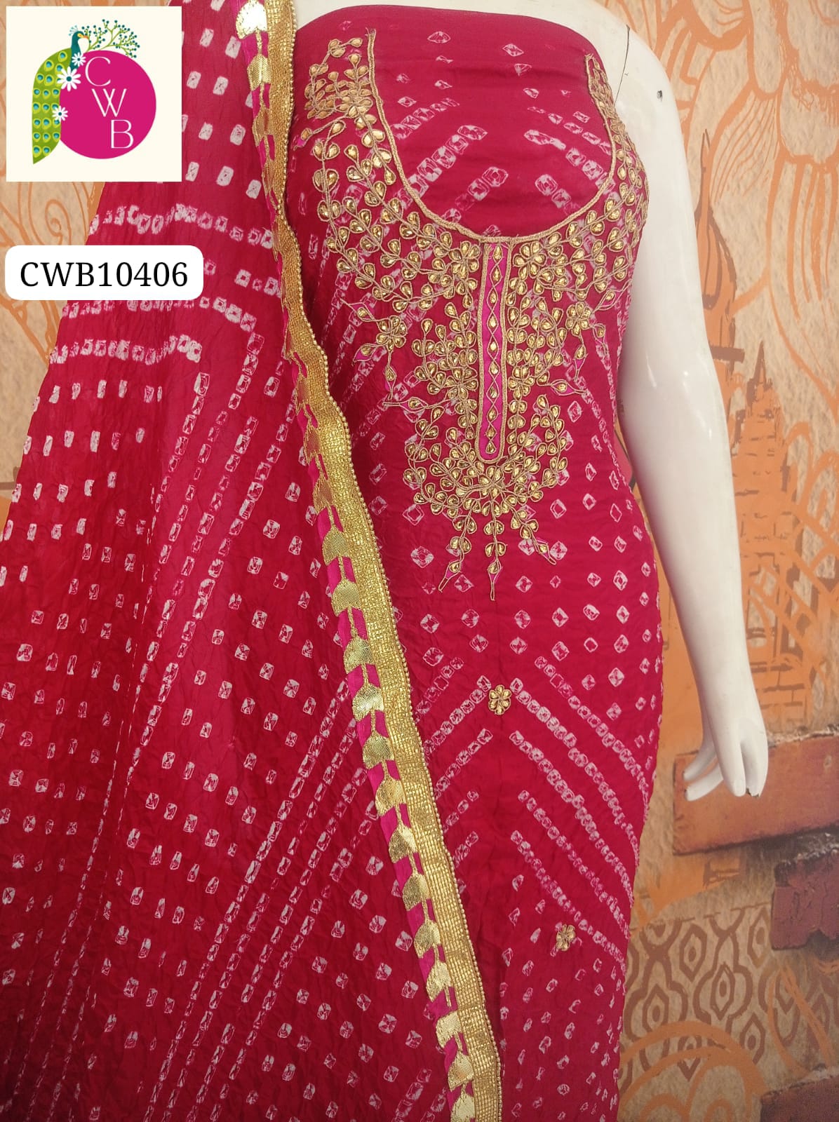 Red Jaipuri Silk Bandhej Ensemble with Gotta Work-3pcs Suit