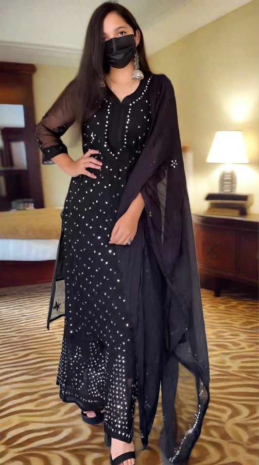 Black Chikankari Elegance Ombré Mirror Booti Jaal Set - Kurti, Sharara & Dupatta -(Inner Included)