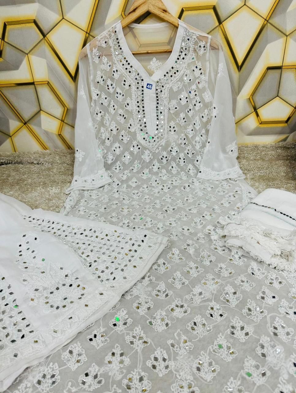 White Chikankari Elegance Ombré Mirror Booti Jaal Set - Kurti, Sharara & Dupatta -(Inner Included)