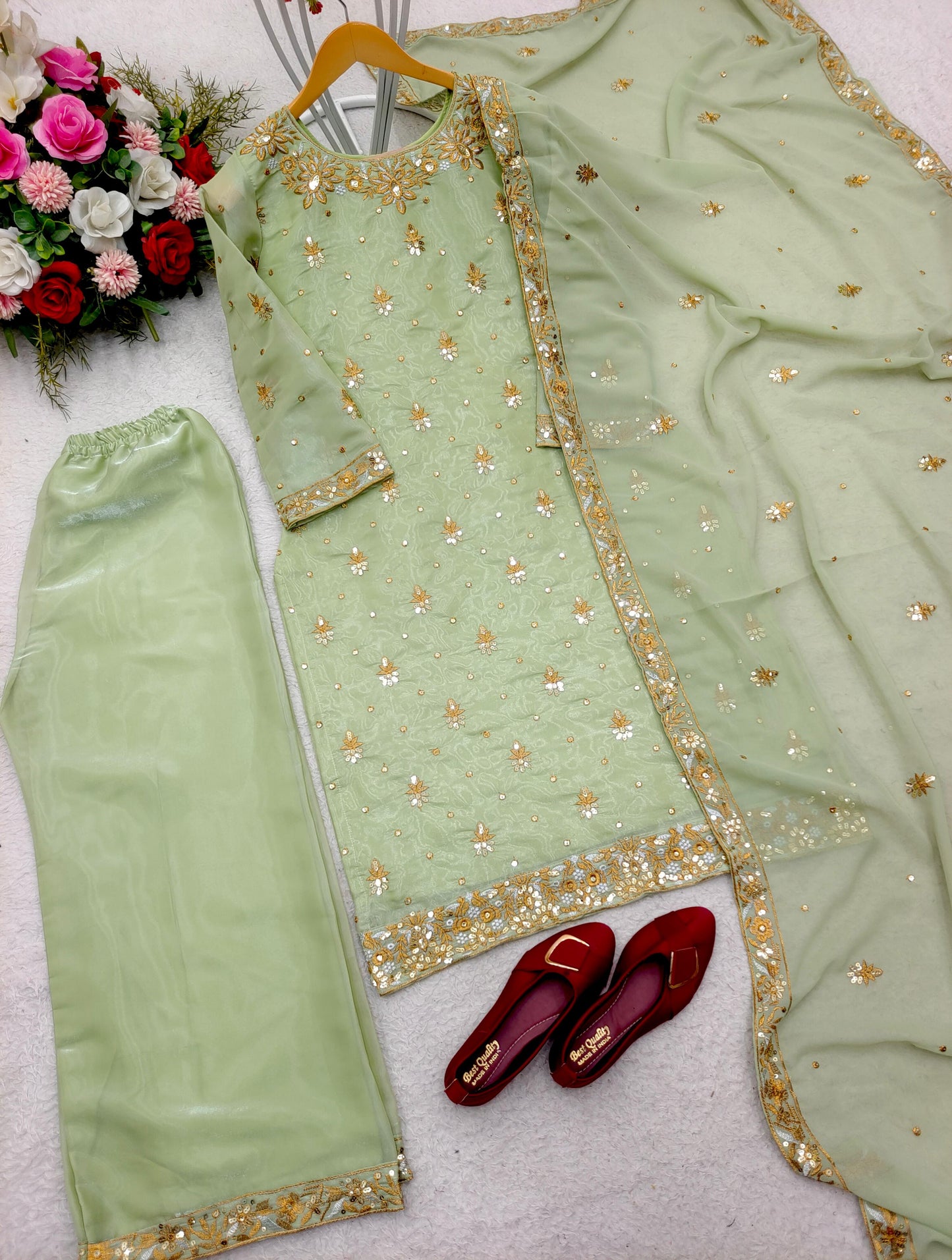 Green Elegant Top-Palazzo With Dupatta Set