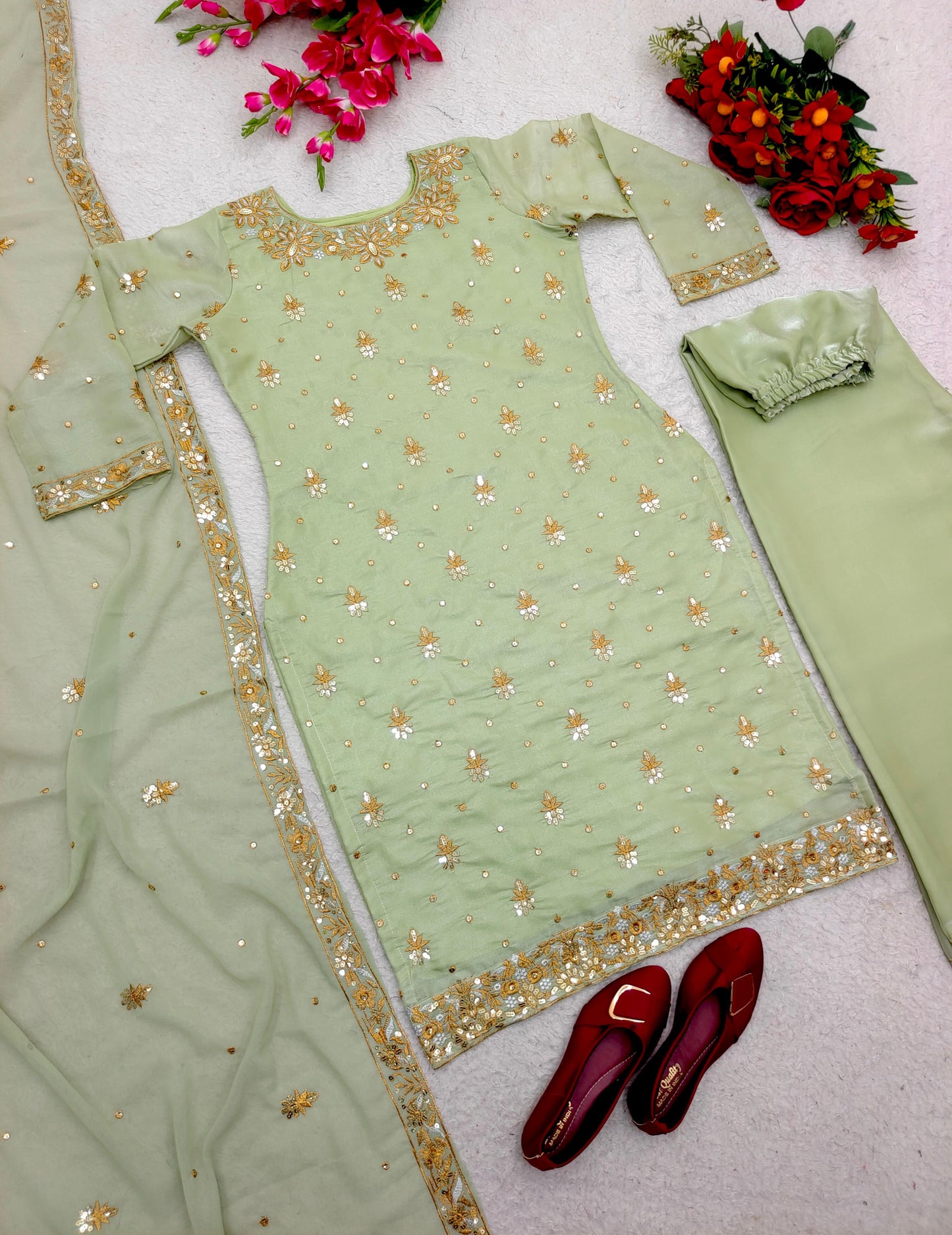 Green Elegant Top-Palazzo With Dupatta Set