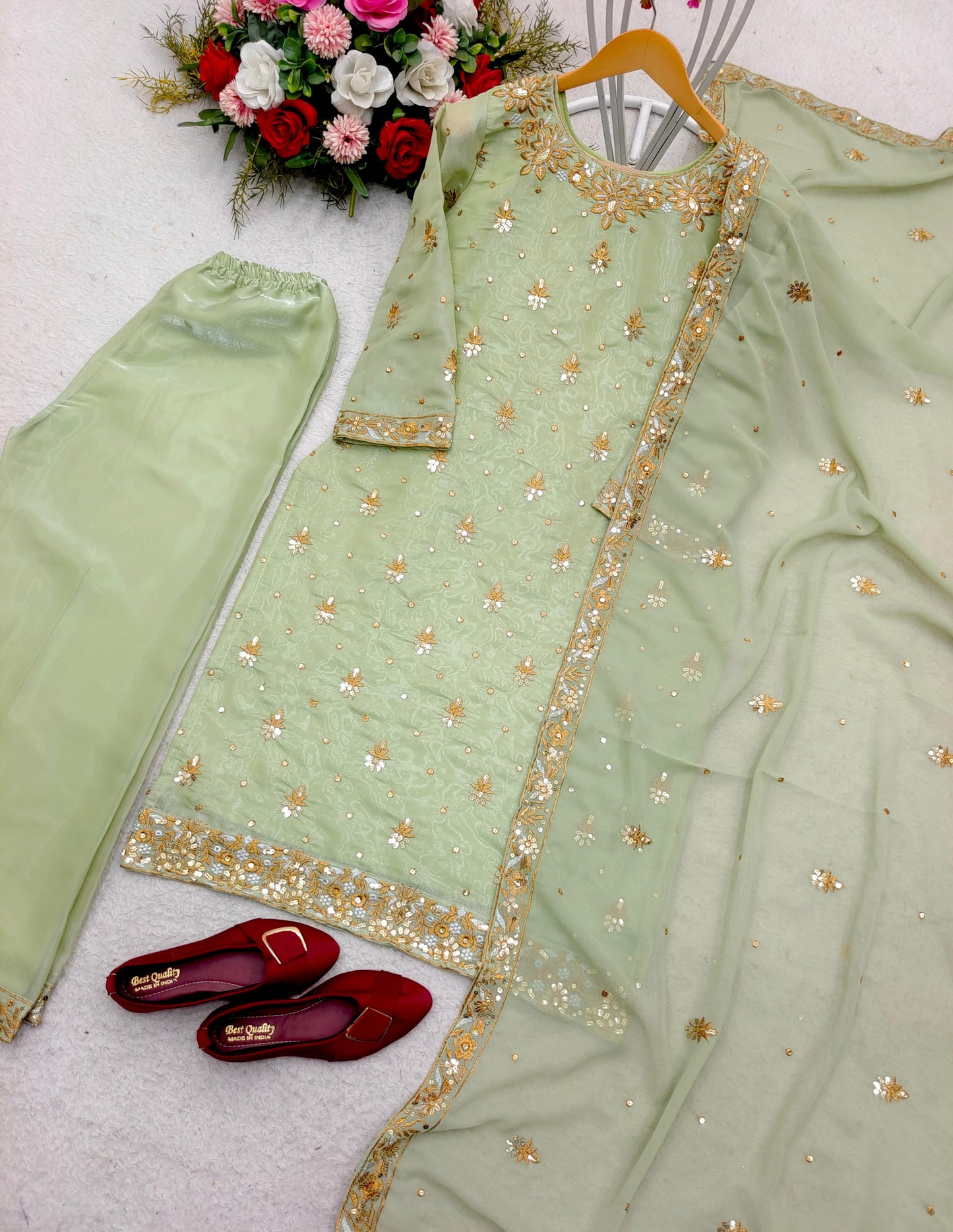 Green Elegant Top-Palazzo With Dupatta Set